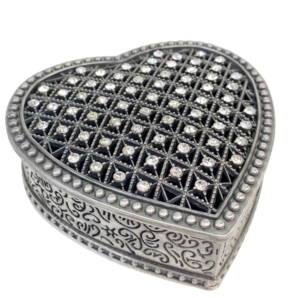 Heart Trinket Box with Lid Pewter Rhinestones Ring Jewelry Pill Coin Vanity Dish